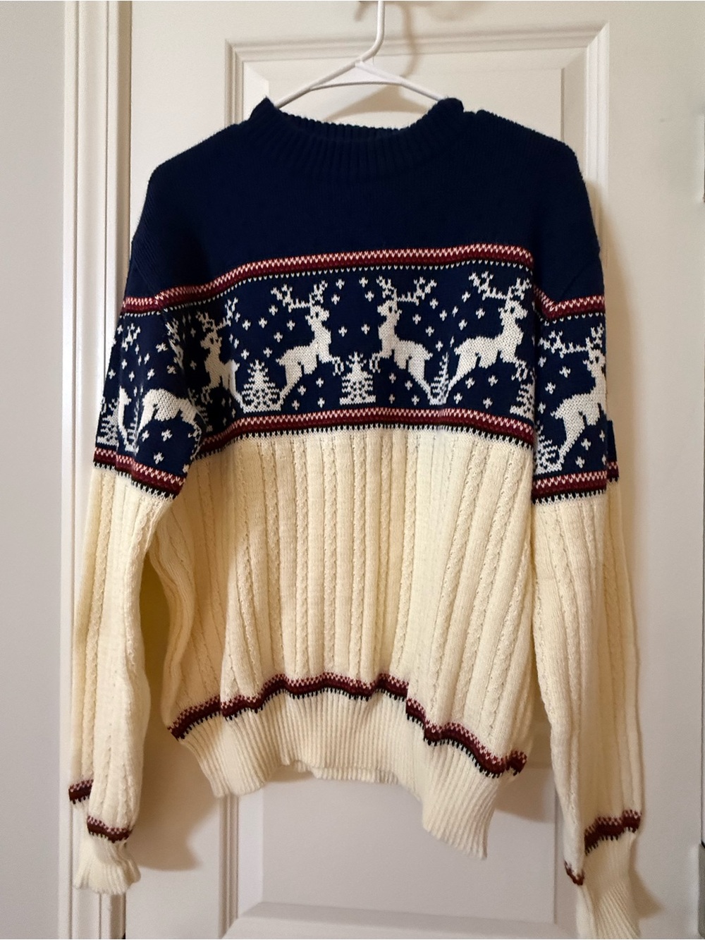 VTG 80s Rob Winter Nordic Cable Knit Sweater Reindeer Christmas Fair Isle Men L